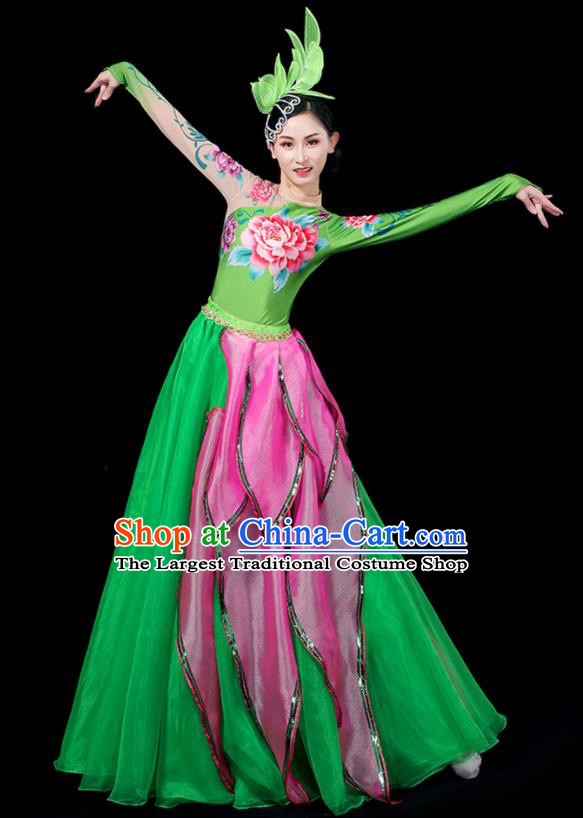 Professional China Woman Modern Dance Fashion Lotus Dance Garment Clothing Spring Festival Gala Opening Dance Green Dress