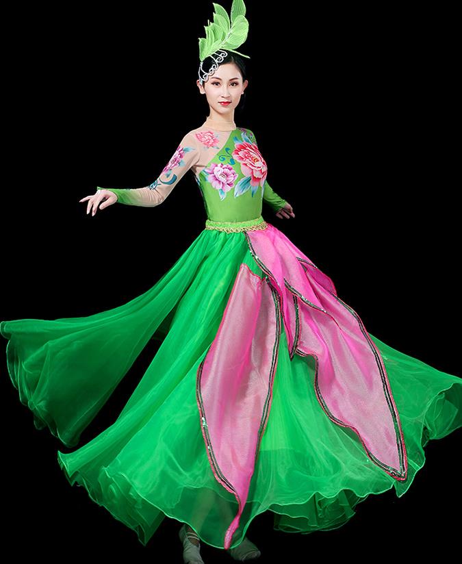 Professional China Woman Modern Dance Fashion Lotus Dance Garment Clothing Spring Festival Gala Opening Dance Green Dress