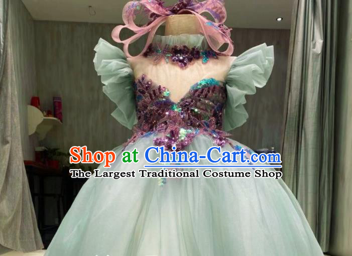 Top Girl Compere Evening Garment Children Stage Performance Green Veil Full Dress Catwalks Show Clothing
