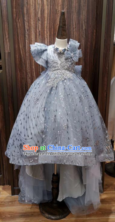Top Children Stage Performance Formal Clothing Girl Catwalks Show Blue Evening Dress Christmas Princess Garment