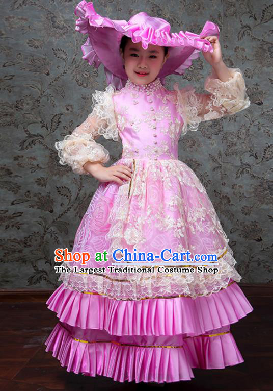 Custom Girl Princess Full Dress Kid Birthday Fashion Children Day Performance Pink Dress Europe Palace Clothing