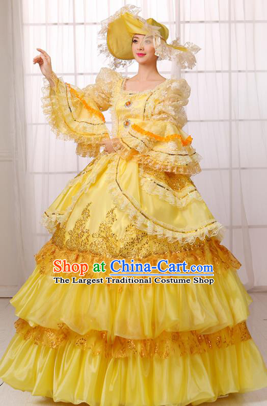 Custom Western Woman Catwalks Dress Europe Countess Clothing European Medieval Yellow Full Dress Drama Performance Fashion