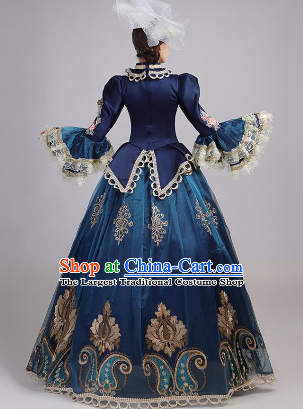 Custom Drama Performance Fashion Western Woman Catwalks Dress Europe Countess Clothing European Medieval Navy Full Dress