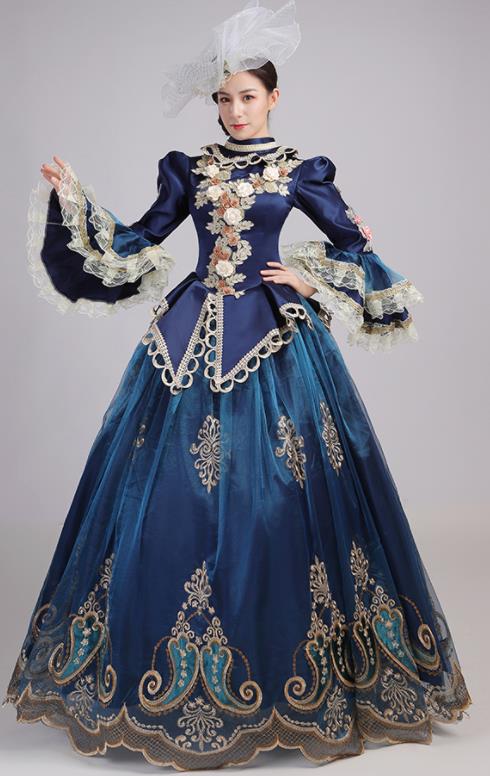 Custom Drama Performance Fashion Western Woman Catwalks Dress Europe Countess Clothing European Medieval Navy Full Dress