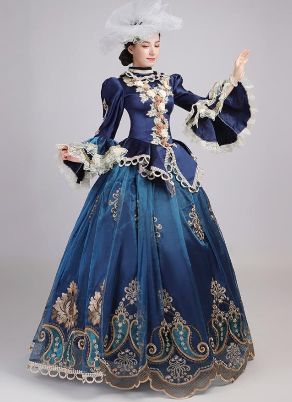 Custom Drama Performance Fashion Western Woman Catwalks Dress Europe Countess Clothing European Medieval Navy Full Dress