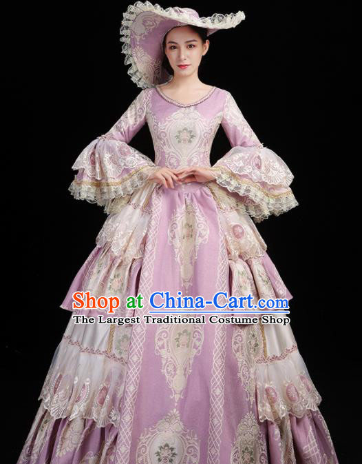 Custom European Medieval Lilac Full Dress Drama Performance Vintage Fashion Western Woman Catwalks Dress Europe Princess Clothing