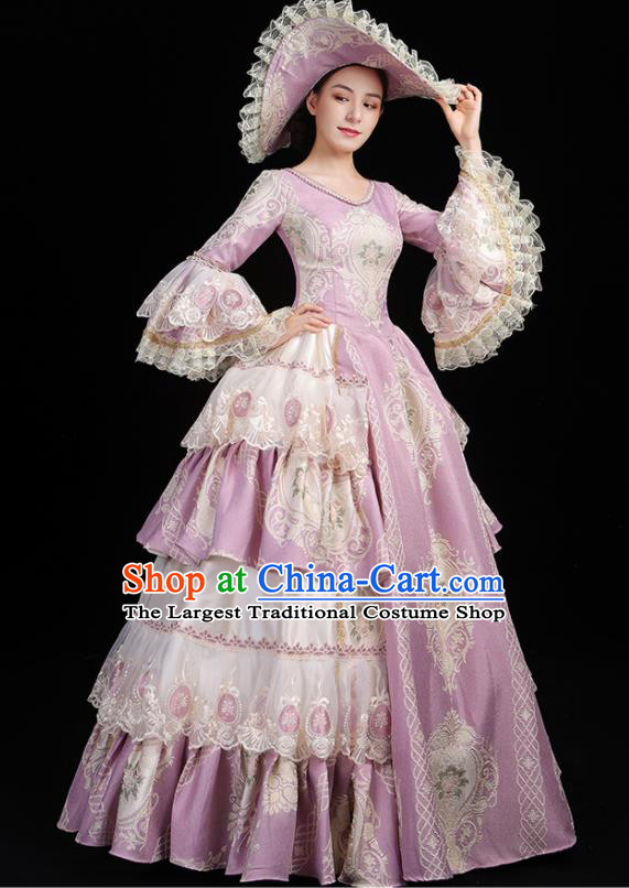 Custom European Medieval Lilac Full Dress Drama Performance Vintage Fashion Western Woman Catwalks Dress Europe Princess Clothing