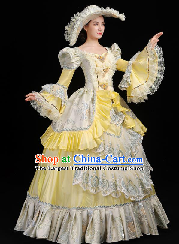 Custom Opera Performance Vintage Fashion Western Woman Catwalks Dress Europe Noble Lady Clothing European Medieval Yellow Full Dress
