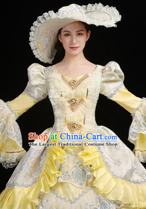 Custom Opera Performance Vintage Fashion Western Woman Catwalks Dress Europe Noble Lady Clothing European Medieval Yellow Full Dress