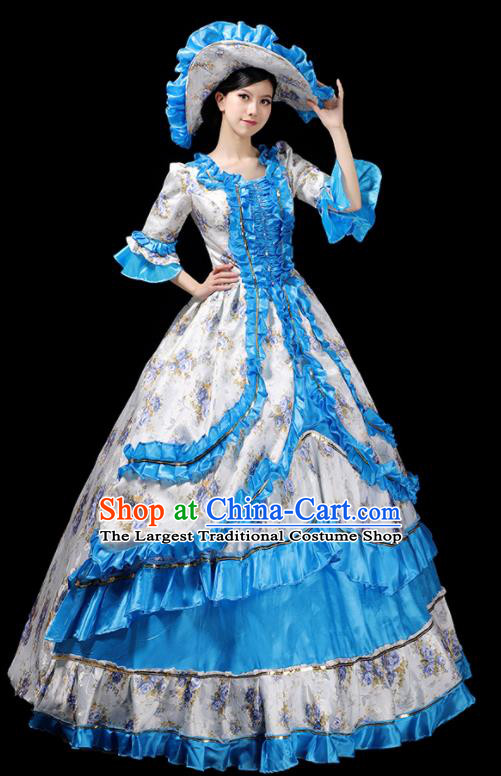 Custom Europe Catwalks Clothing Western Royal Blue Full Dress European Vintage Printing Dress Opera Performance Fashion