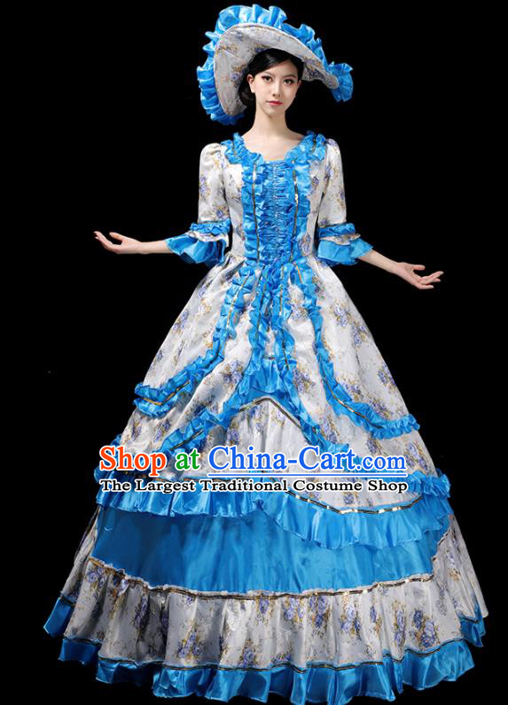 Custom Europe Catwalks Clothing Western Royal Blue Full Dress European Vintage Printing Dress Opera Performance Fashion