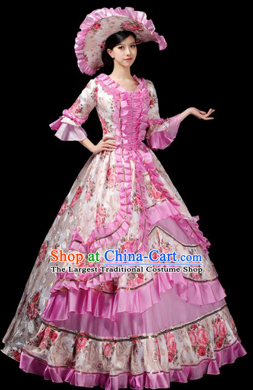 Custom Western Royal Pink Full Dress European Vintage Printing Dress Opera Performance Fashion Europe Catwalks Clothing