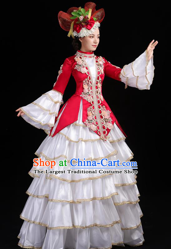Custom European Medieval Vintage Dress Western Opera Performance Fashion Europe Court Woman Clothing Catwalks Wine Red Full Dress