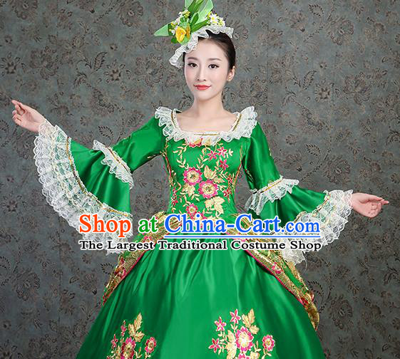 Custom European Medieval Vintage Dress Western Stage Opera Fashion Europe Noble Lady Clothing Catwalks Green Satin Full Dress