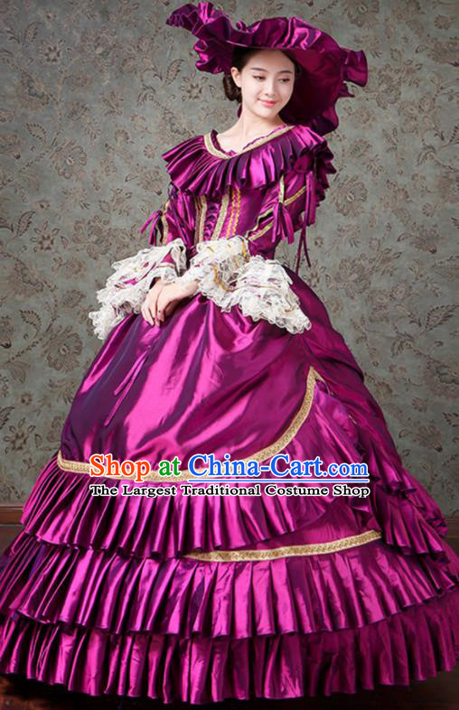 Custom Europe Duchess Clothing Catwalks Purple Satin Full Dress European Medieval Vintage Dress Western Stage Opera Fashion