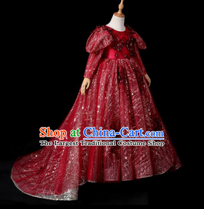 Top Children Stage Show Formal Clothing Girl Catwalks Wine Red Evening Dress Christmas Princess Fashion Garment