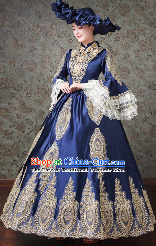Custom European Court Woman Dress Western Vintage Fashion Europe Duchess Clothing Catwalks Deep Blue Full Dress