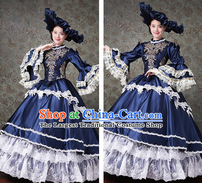 Custom Western Vintage Fashion Europe Noble Miss Clothing Catwalks Navy Trailing Full Dress European Performance Dress