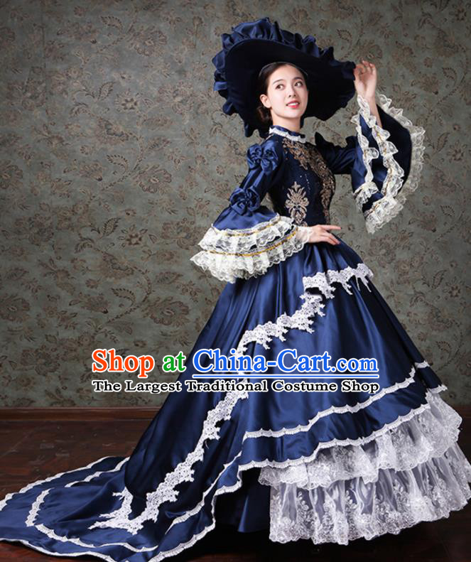 Custom Western Vintage Fashion Europe Noble Miss Clothing Catwalks Navy Trailing Full Dress European Performance Dress