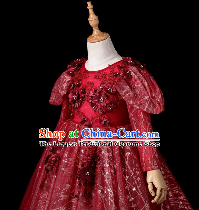 Top Children Stage Show Formal Clothing Girl Catwalks Wine Red Evening Dress Christmas Princess Fashion Garment