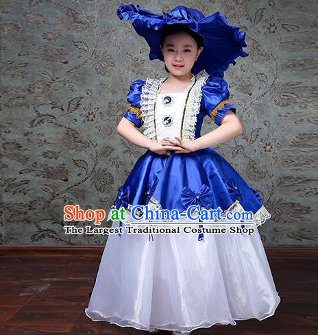Custom Europe Princess Clothing Girl Royalblue Full Dress Kid Performance Fashion Children Day Catwalks Dress