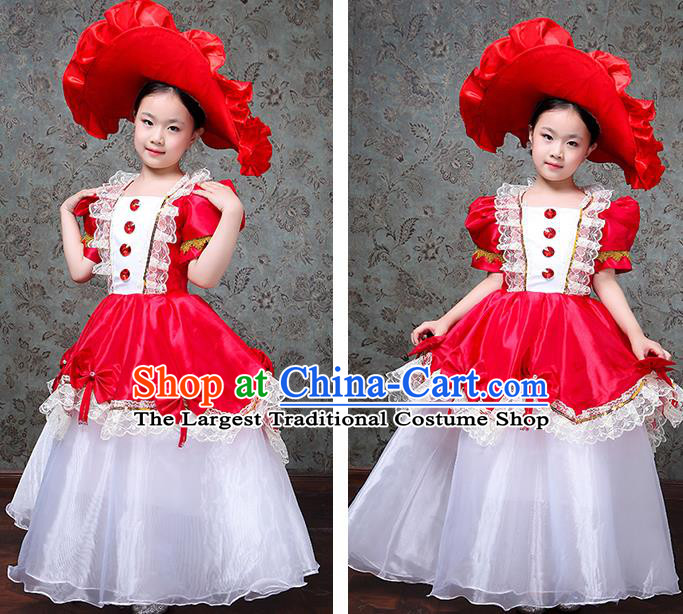 Custom Children Day Catwalks Dress Europe Princess Clothing Girl Red Full Dress Kid Performance Fashion