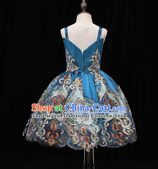 Top Children Stage Show Formal Clothing Girl Catwalks Baroque Blue Evening Dress Christmas Princess Fashion Garment