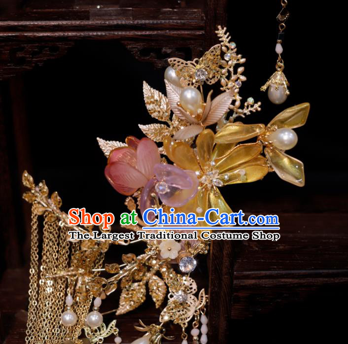 Chinese Classical Wedding Hair Accessories Ancient Bride Hair Crown and Tassel Hairpins Xiuhe Suits Headdress Handmade Headwear