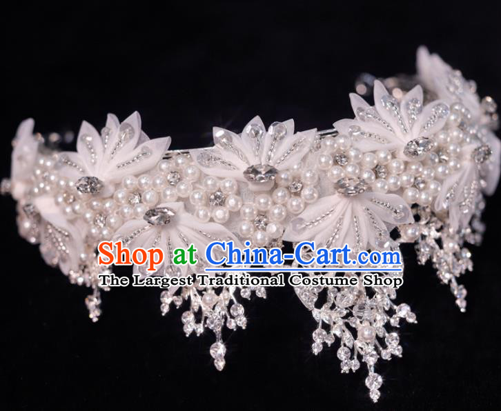 Top Grade Royal Crown Princess Hair Accessories Handmade Wedding Hair Clasp Bride White Silk Flowers Headpiece