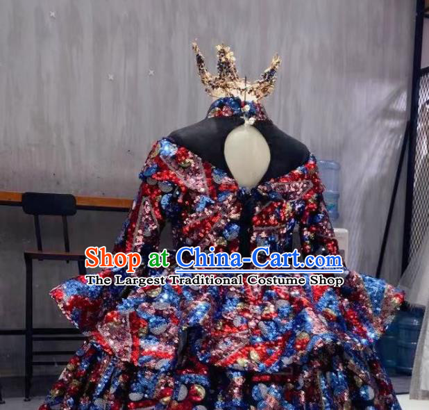 Top Children Stage Performance Full Dress Girl Catwalks Show Sequins Clothing Baroque Princess Evening Garment