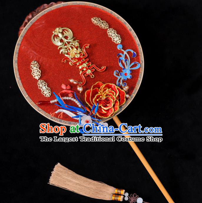 Handmade China Ancient Bride Circular Fan Traditional Silk Fan Classical Dance Palace Fan Wedding Red Peony Fan