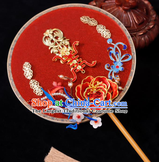 Handmade China Ancient Bride Circular Fan Traditional Silk Fan Classical Dance Palace Fan Wedding Red Peony Fan