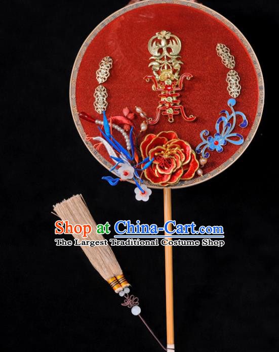 Handmade China Ancient Bride Circular Fan Traditional Silk Fan Classical Dance Palace Fan Wedding Red Peony Fan