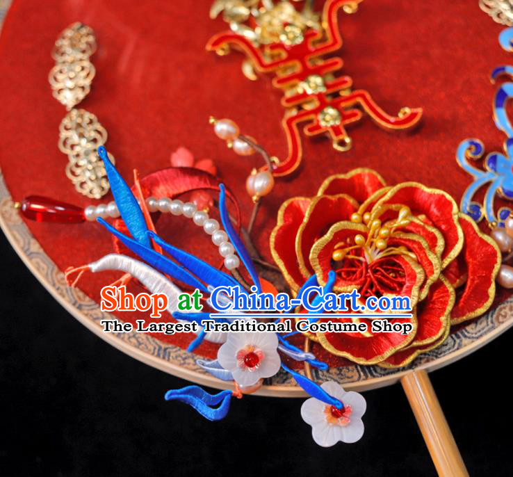 Handmade China Ancient Bride Circular Fan Traditional Silk Fan Classical Dance Palace Fan Wedding Red Peony Fan