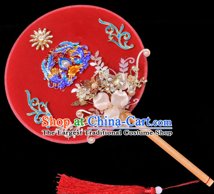 Handmade China Classical Dance Red Palace Fan Wedding Cloisonne Phoenix Fan Ancient Bride Circular Fan Traditional Silk Fan
