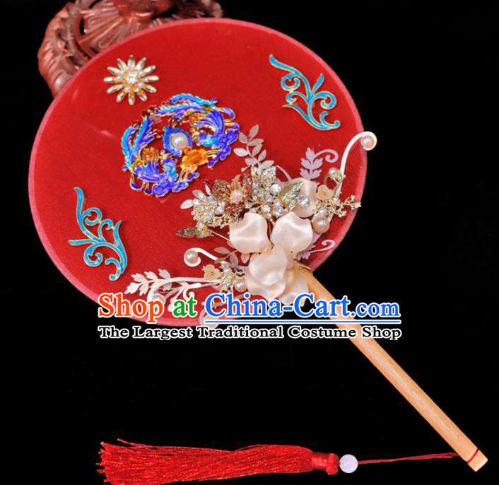 Handmade China Classical Dance Red Palace Fan Wedding Cloisonne Phoenix Fan Ancient Bride Circular Fan Traditional Silk Fan