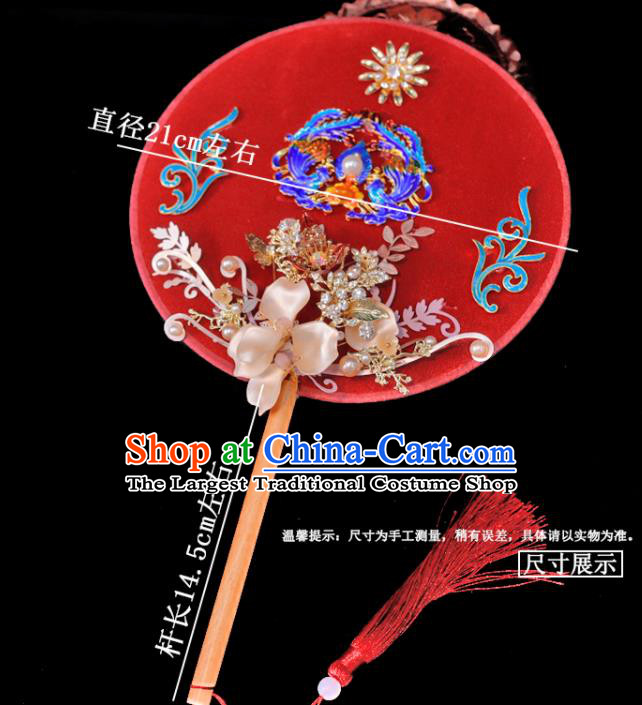 Handmade China Classical Dance Red Palace Fan Wedding Cloisonne Phoenix Fan Ancient Bride Circular Fan Traditional Silk Fan