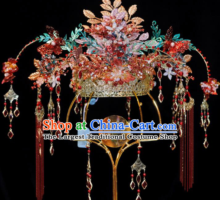 Chinese Wedding Hair Accessories Classical Phoenix Coronet Handmade Xiuhe Suits Headdress Ancient Bride Red Butterfly Hair Crown