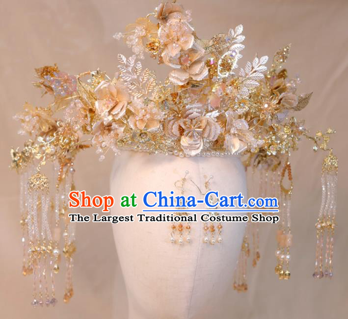 Chinese Ancient Bride Tassel Hair Crown Wedding Hair Accessories Classical Phoenix Coronet Handmade Xiuhe Suits Headdress