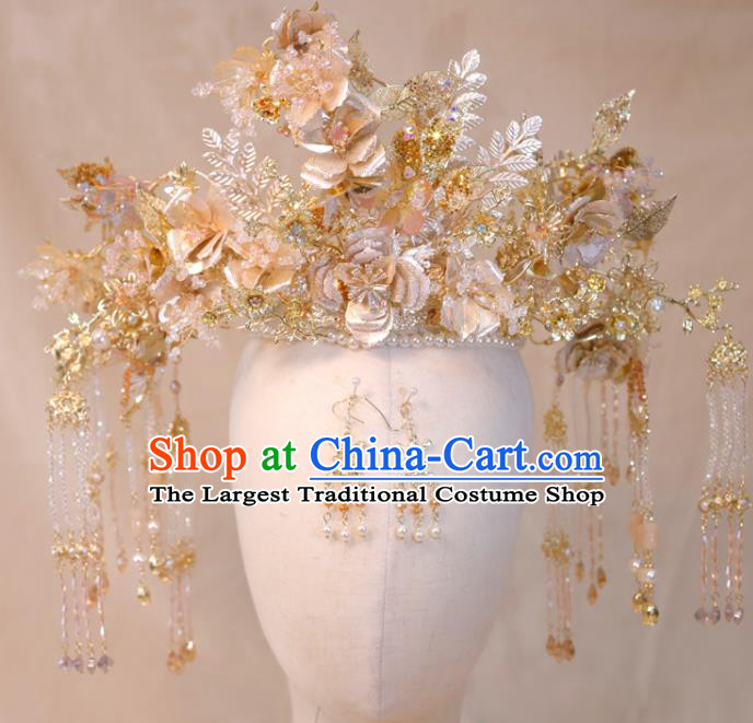 Chinese Ancient Bride Tassel Hair Crown Wedding Hair Accessories Classical Phoenix Coronet Handmade Xiuhe Suits Headdress