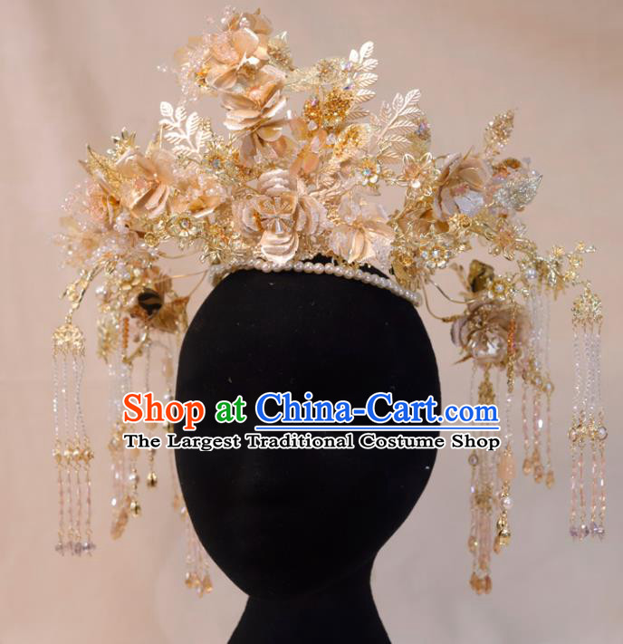 Chinese Ancient Bride Tassel Hair Crown Wedding Hair Accessories Classical Phoenix Coronet Handmade Xiuhe Suits Headdress