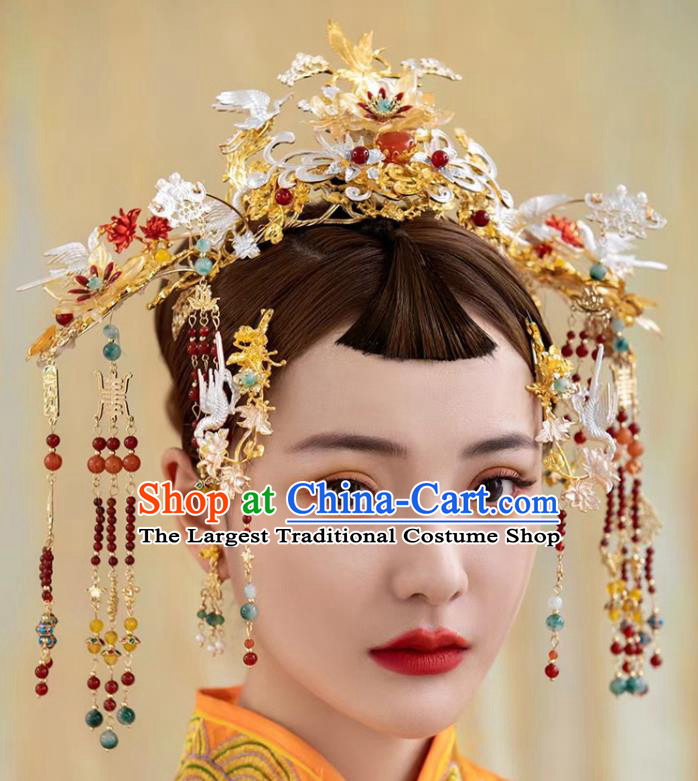 Chinese Handmade Xiuhe Suits Headdress Ancient Bride Golden Hair Crown Wedding Hair Accessories Classical Phoenix Coronet and Hairpins