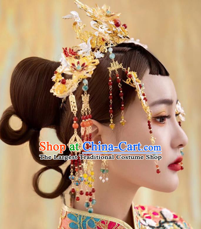Chinese Handmade Xiuhe Suits Headdress Ancient Bride Golden Hair Crown Wedding Hair Accessories Classical Phoenix Coronet and Hairpins