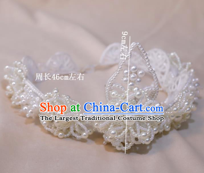 Top Grade Bride Pearls Headpiece Lace Royal Crown Princess Hair Accessories Handmade Wedding Hair Clasp