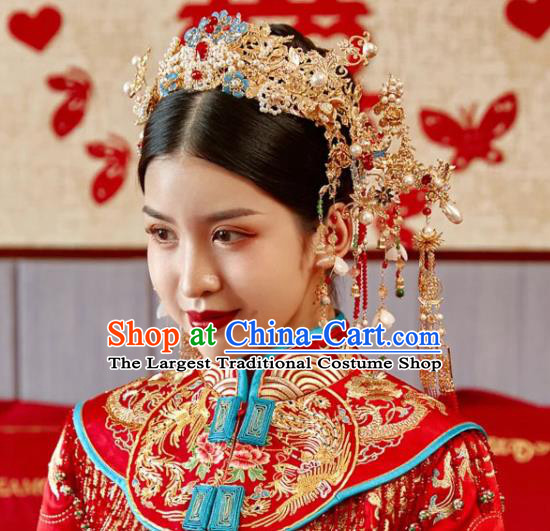Chinese Classical Headpieces Handmade Hair Accessories Ancient Bride Hair Crown Wedding Cloisonne Phoenix Coronet and Tassel Hairpins