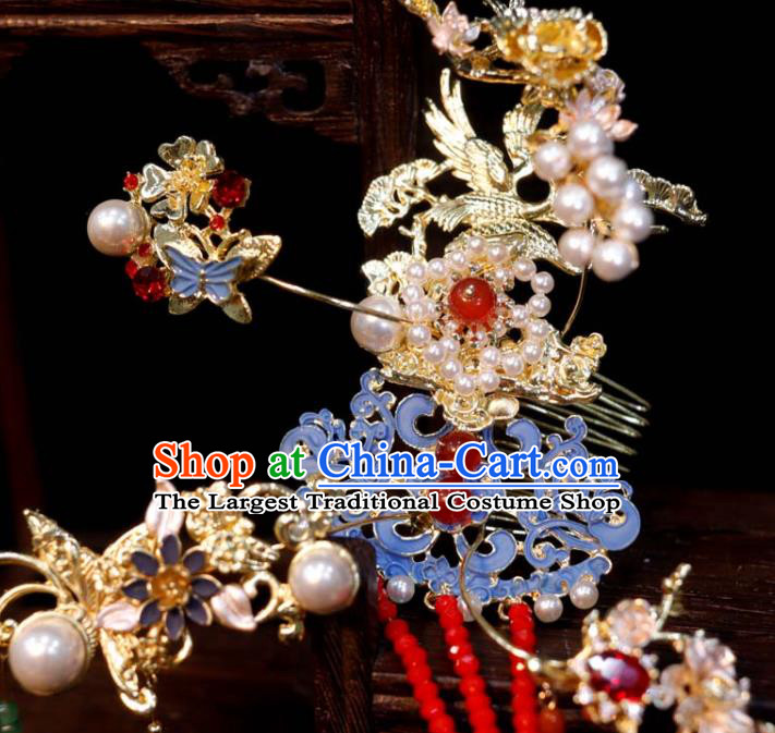Chinese Classical Headpieces Handmade Hair Accessories Ancient Bride Hair Crown Wedding Cloisonne Phoenix Coronet and Tassel Hairpins