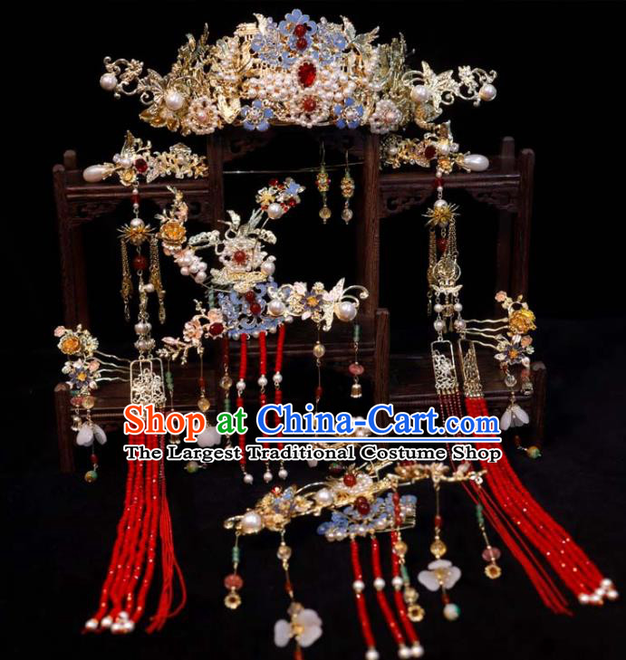 Chinese Classical Headpieces Handmade Hair Accessories Ancient Bride Hair Crown Wedding Cloisonne Phoenix Coronet and Tassel Hairpins