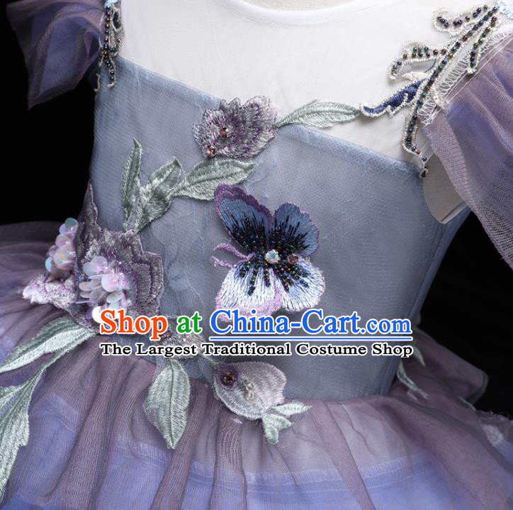 Top Girl Princess Embroidered Fashion Garment Children Stage Show Formal Clothing Catwalks Purple Veil Trailing Evening Dress