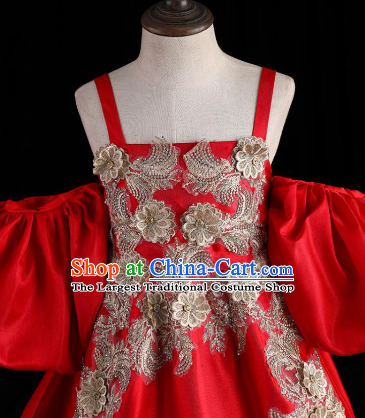 Top Children Stage Show Formal Clothing Catwalks Red Trailing Evening Dress Girl Princess Fashion Garment