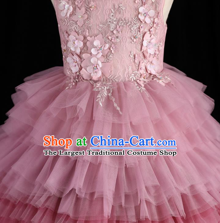 Top Girl Princess Performance Fashion Garment Children Stage Show Formal Clothing Catwalks Pink Veil Trailing Evening Dress